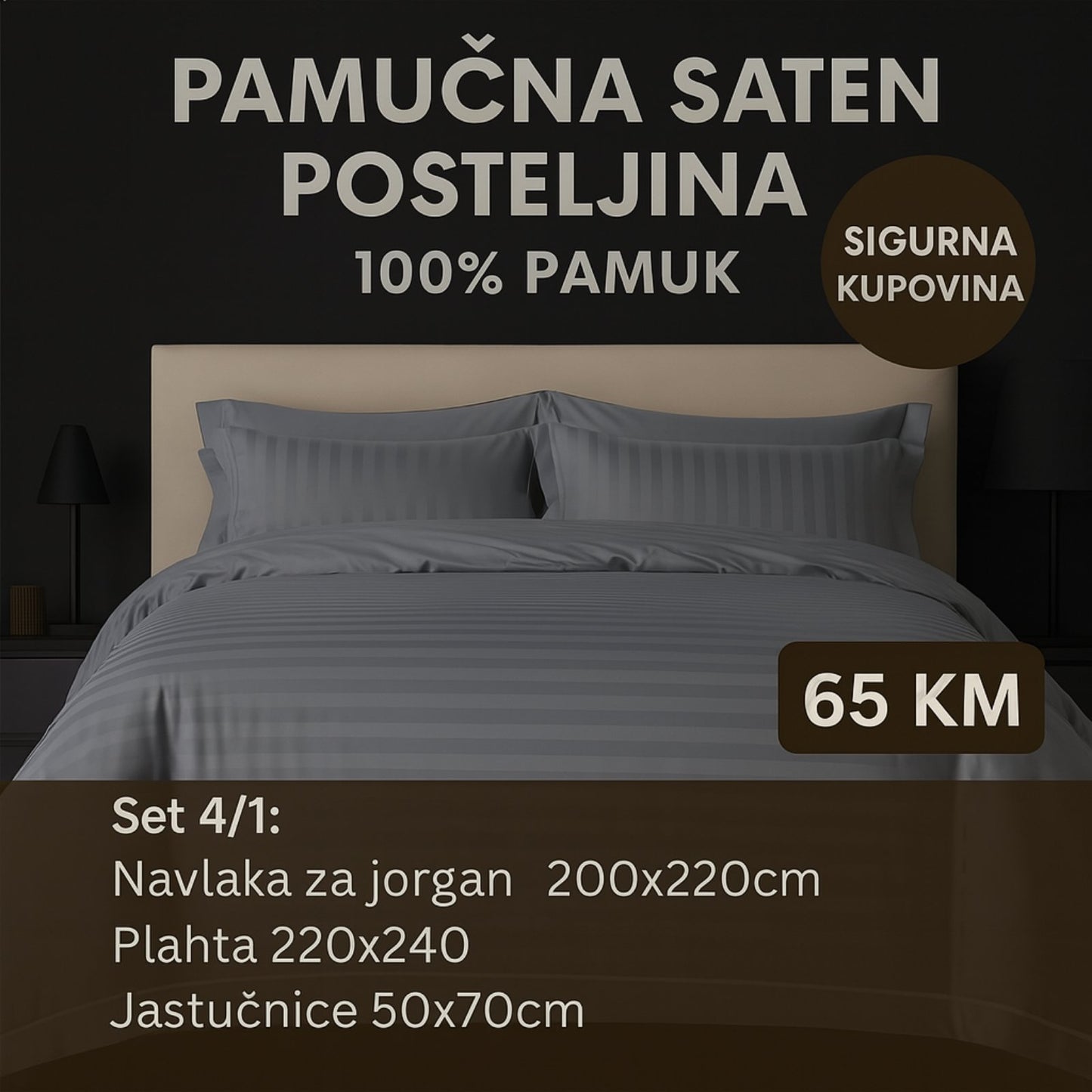 PREMIUM pamučna saten bračna posteljina Set 4/1 Slifer 200x220 Plahta 220x240 Jastucnica 50x70. 2 kom