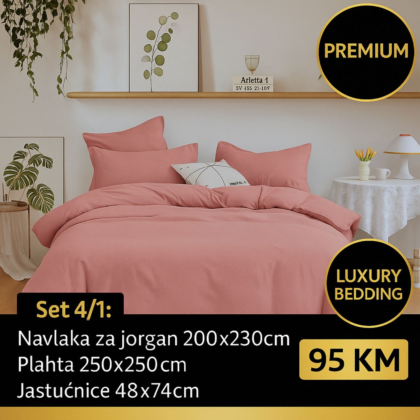 PREMIUM 100% pamuk bračna posteljina Slifer 200x230 Plahta 250x250 Jastucnica 48x74 2 komada
