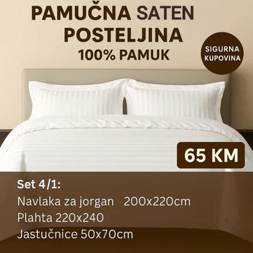 PREMIUM pamučna saten bračna posteljina Slifer 200x220 Plahta 220x240 Jastucnica 50x70. 2 kom