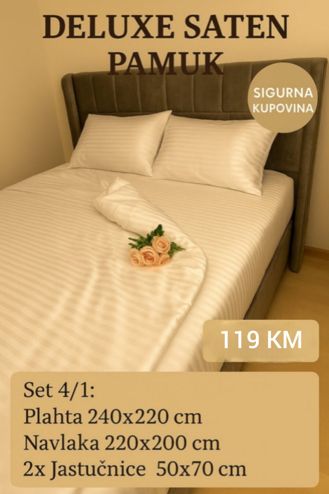 DELUXE 100% pamuk saten bračna posteljina Navlaka 200x220 Plahta 220x240 Jastucnica 50x70. 2 kom
