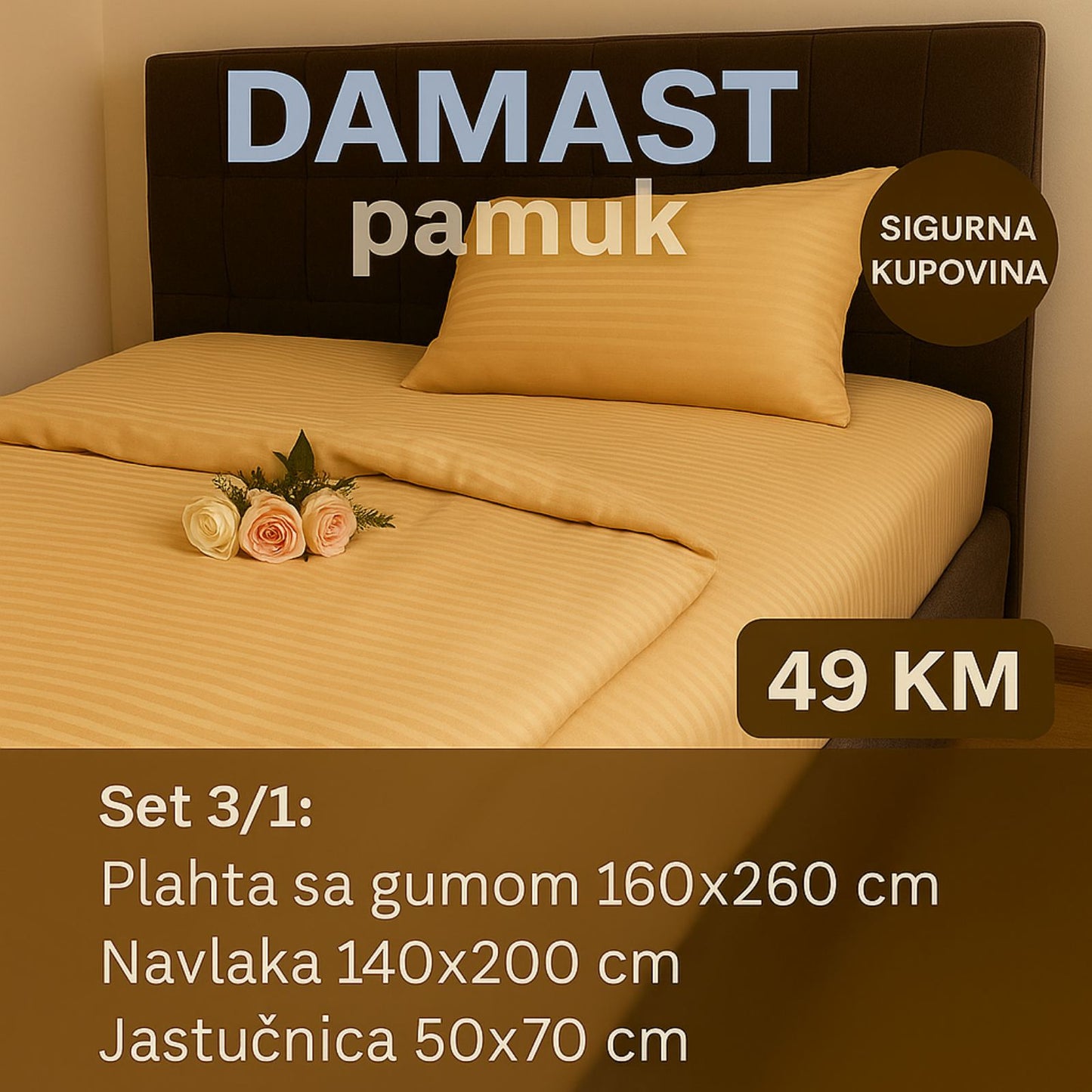 JEDNOKREVETNA DAMAST pamuk posteljine 3/1 uključuje: plahta sa gumom 160x260 cm, navlaka 140x200 cm, jastučnica 50x70 cm.