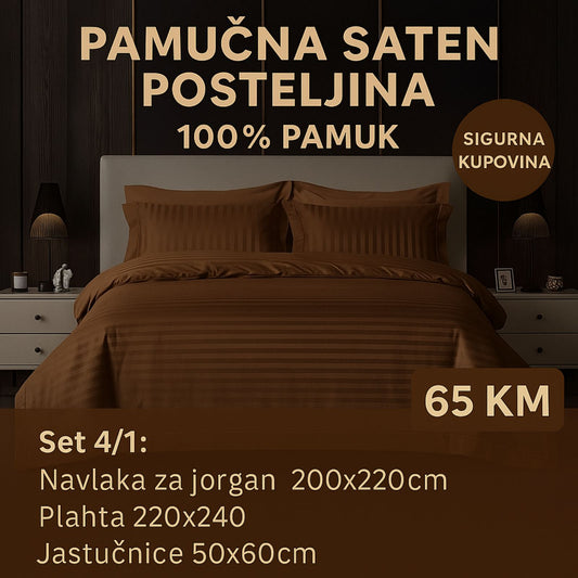 PREMIUM pamučne saten bračna posteljina Slifer 200x220 Plahta 220x240 Jastucnica 50x70. 2 kom