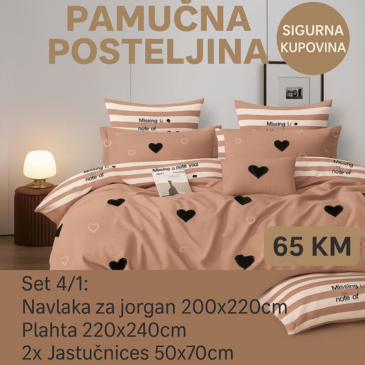 Pamučna bračna posteljina Navlaka 200x220 Plahta 220x240 Jastucnica 50x70. 2 kom