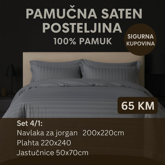 PREMIUM pamučna saten bračna posteljina Set 4/1 Slifer 200x220 Plahta 220x240 Jastucnica 50x70. 2 kom