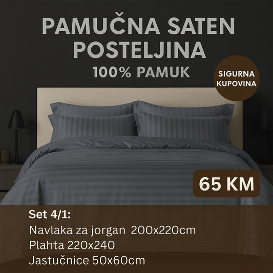 PREMIUM pamučna saten bračna posteljina Slifer 200x220 Plahta 220x240 Jastucnica 50x70 2 komada