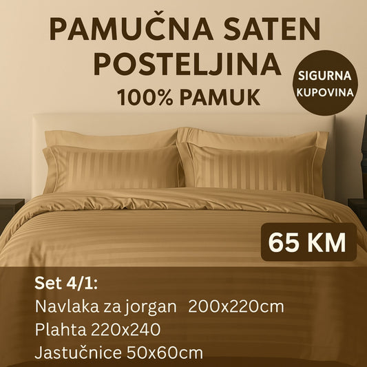 PREMIUM pamučne saten bračna posteljina Slifer 200x220 Plahta 220x240 Jastucnica 50x70. 2 kom