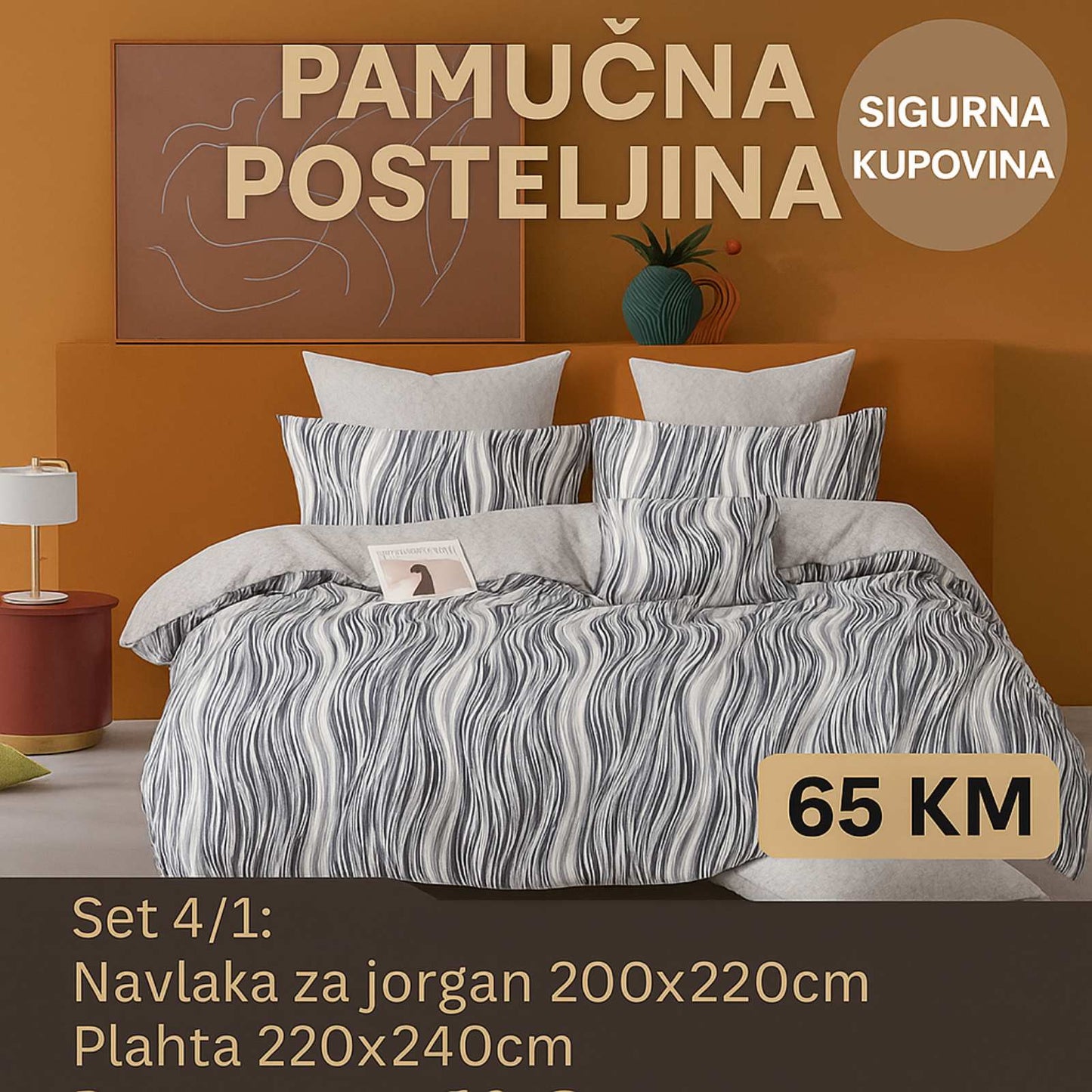 Pamučna bračna posteljina Navlaka 200x220 Plahta 220x240 Jastucnica 50x70. 2 kom