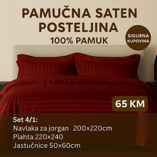 PREMIUM pamučna saten bračna posteljina Slifer 200x220 Plahta 220x240 Jastucnica 50x70. 2 kom