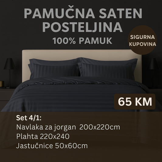 PREMIUM pamučne saten bračna posteljina Slifer 200x220 Plahta 220x240 Jastucnica 50x70. 2 kom