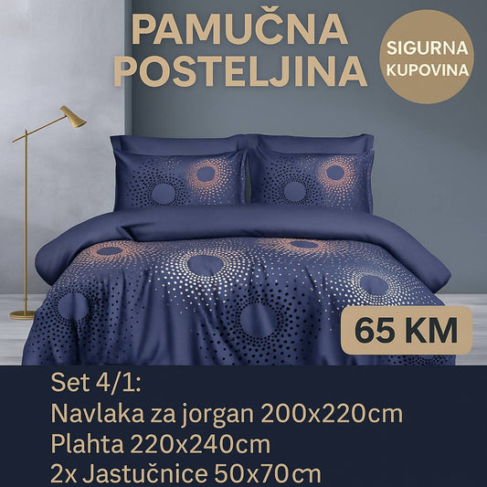 Pamučna bračna posteljina Navlaka 200x220 Plahta 220x240 Jastucnica 50x70. 2 kom