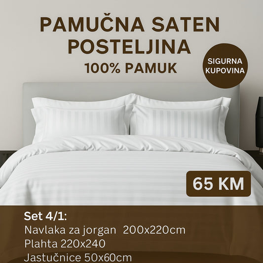 PREMIUM pamučna saten bračna posteljina Slifer 200x220 Plahta 220x240 Jastucnica 50x70. 2 kom