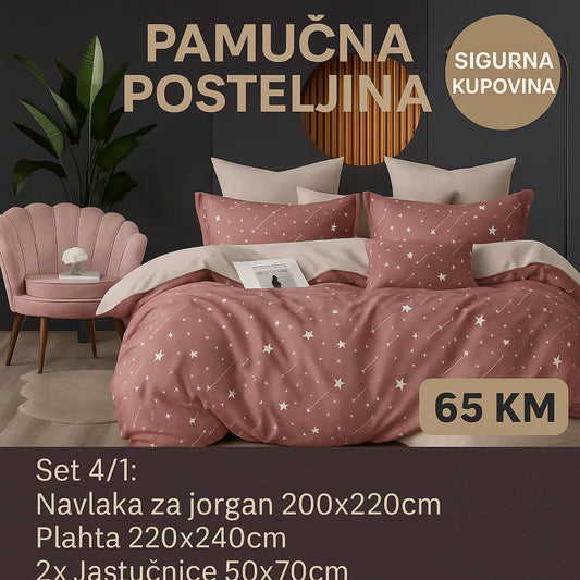 Pamučna bračna posteljina Navlaka 200x220 Plahta 220x240 Jastucnica 50x70. 2 kom