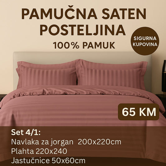 PREMIUM pamučna saten bračna posteljina Slifer 200x220 Plahta 220x240 Jastucnica 50x70. 2 kom