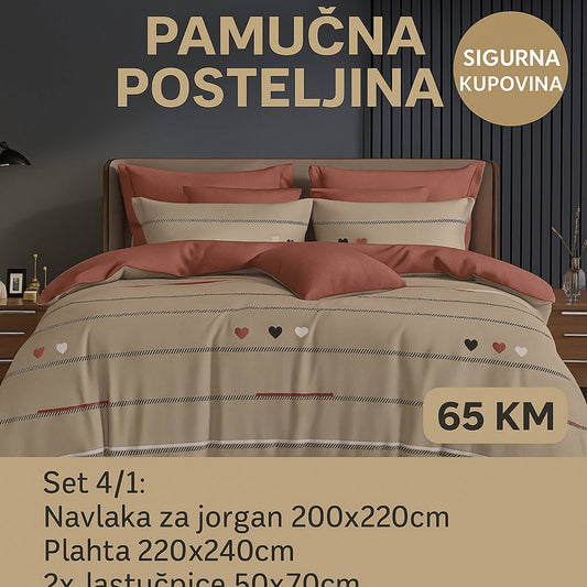 Pamučna bračna posteljina Navlaka 200x220 Plahta 220x240 Jastucnica 50x70. 2 kom