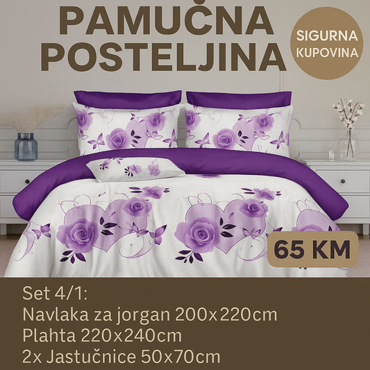 Pamučna bračna posteljina Navlaka 200x220 Plahta 220x240 Jastucnica 50x70. 2 kom