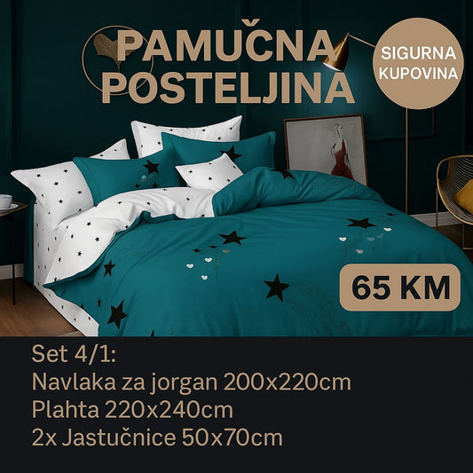Pamučna bračna posteljina Navlaka 200x220 Plahta 220x240 Jastucnica 50x70. 2 kom