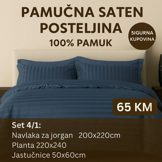 PREMIUM pamučne saten bračna posteljina Slifer 200x220 Plahta 220x240 Jastucnica 50x70. 2 kom