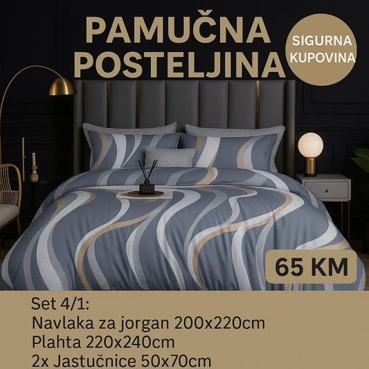 Pamučna bračna posteljina Navlaka 200x220 Plahta 220x240 Jastucnica 50x70. 2 kom
