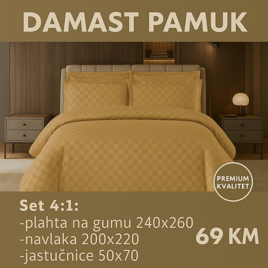 DAMAST pamuk posteljine 4/1 uključuje: plahta sa gumom 240x260 cm, navlaka 200x220 cm, dvije jastučnice 50x70 cm.