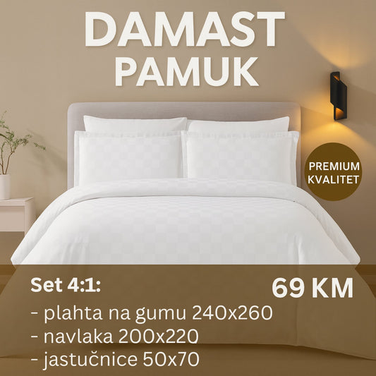 DAMAST pamuk posteljine 4/1 uključuje: plahta sa gumom 240x260 cm, navlaka 200x220 cm, dvije jastučnice 50x70 cm.