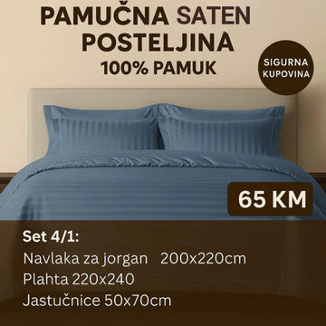 PREMIUM pamučne saten bračna posteljina Slifer 200x220 Plahta 220x240 Jastucnica 50x70. 2 kom