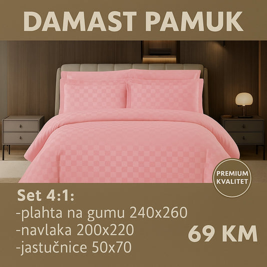 DAMAST pamuk posteljine 4/1 uključuje: plahta sa gumom 240x260 cm, navlaka 200x220 cm, dvije jastučnice 50x70 cm.