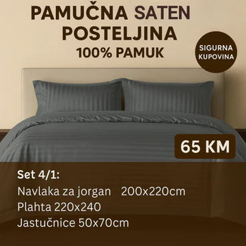 PREMIUM pamučne saten bračna posteljina Slifer 200x220 Plahta 220x240 Jastucnica 50x70. 2 kom