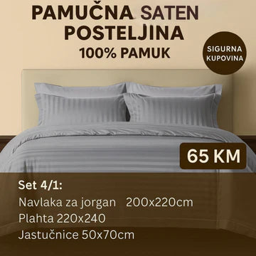 PREMIUM pamučna saten bračna posteljina Slifer 200x220 Plahta 220x240 Jastucnica 50x70 2 komada