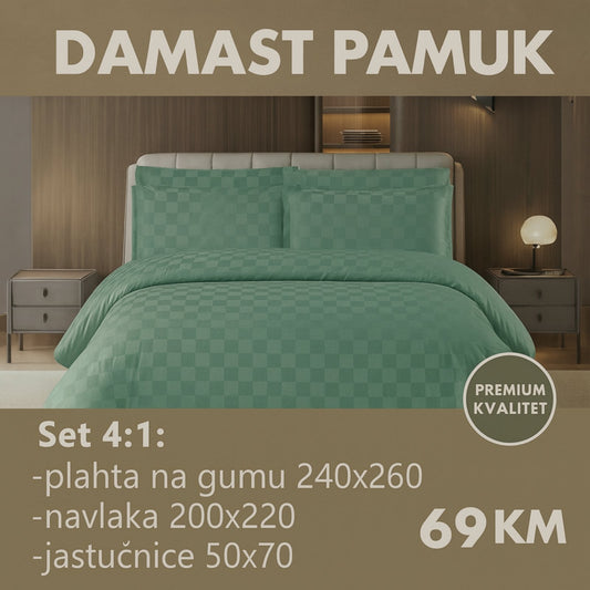 DAMAST pamuk posteljine 4/1 uključuje: plahta sa gumom 240x260 cm, navlaka 200x220 cm, dvije jastučnice 50x70 cm.