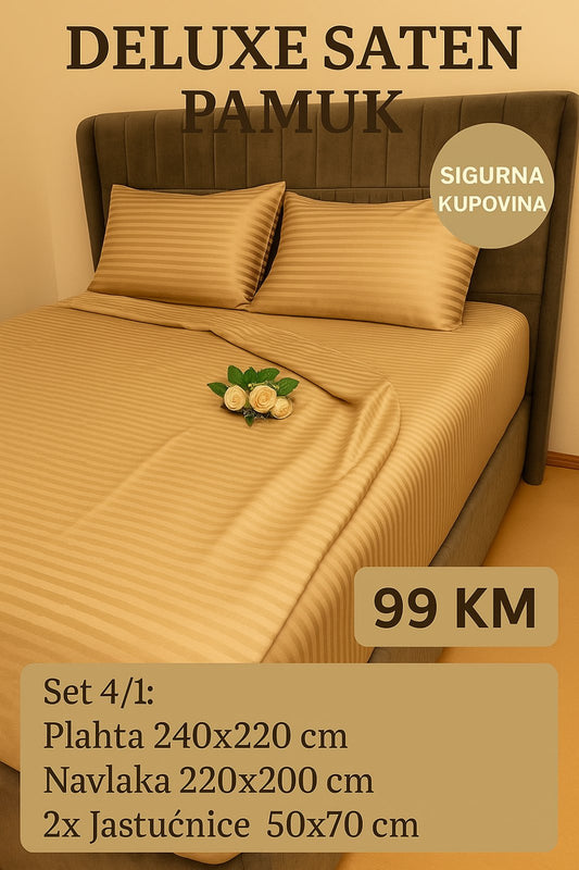 DELUXE pamuk saten bračna posteljina Navlaka 200x220 Plahta 220x240 Jastucnica 50x70. 2 kom