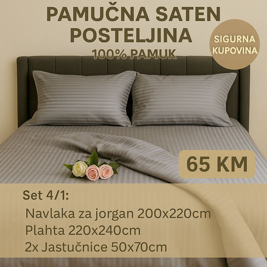 PREMIUM pamučna saten bračna posteljina Slifer 200x220 Plahta 220x240 Jastucnica 50x70 2 komada