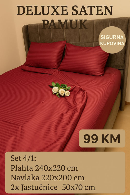 DELUXE 100% pamuk saten bračna posteljina Navlaka 200x220 Plahta 220x240 Jastucnica 50x70. 2 kom