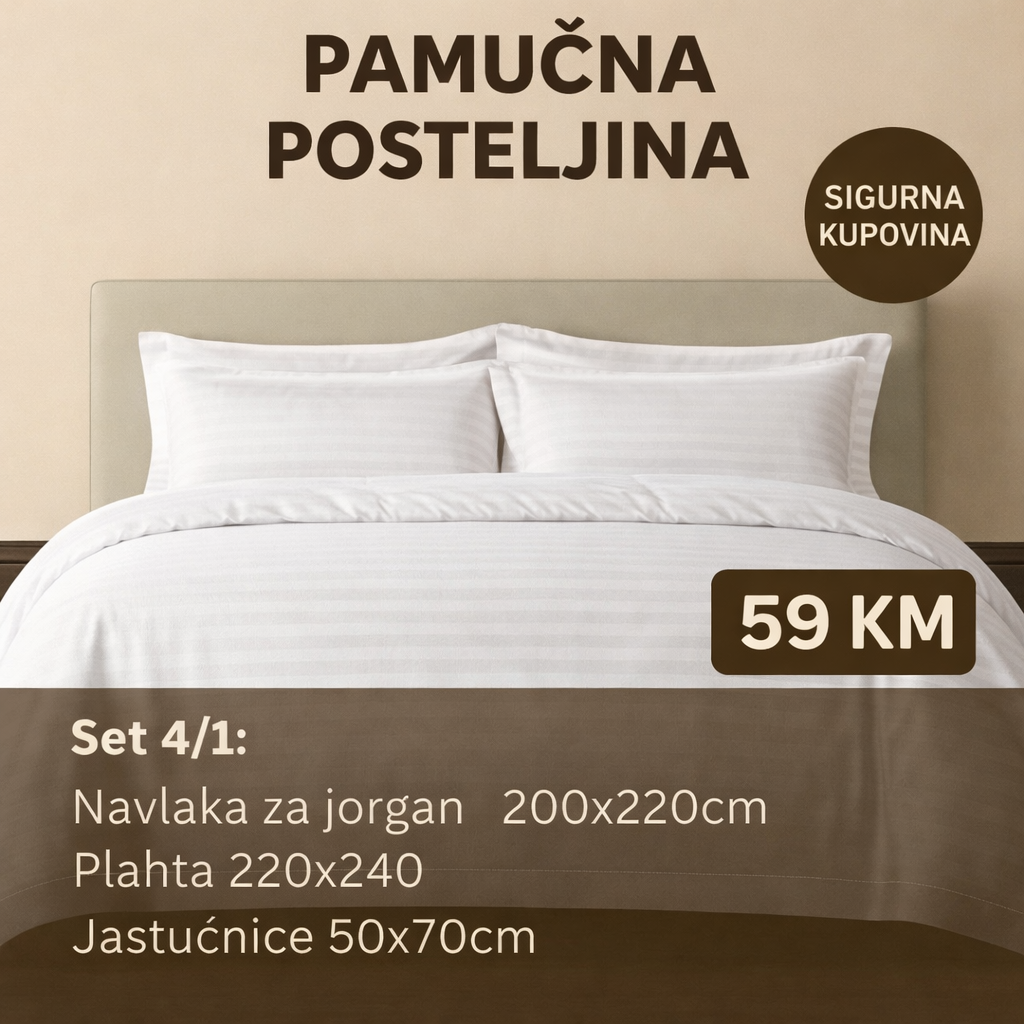 Pamučni posteljina set 4/1 uključuje: plahtu 260x240cm, navlaku 220x200cm i dvije jastučnice 50x70cm