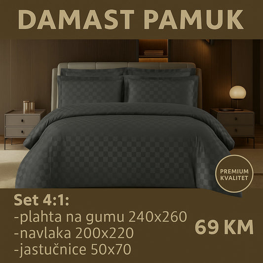 DAMAST pamuk posteljine 4/1 uključuje: plahta sa gumom 240x260 cm, navlaka 200x220 cm, dvije jastučnice 50x70 cm