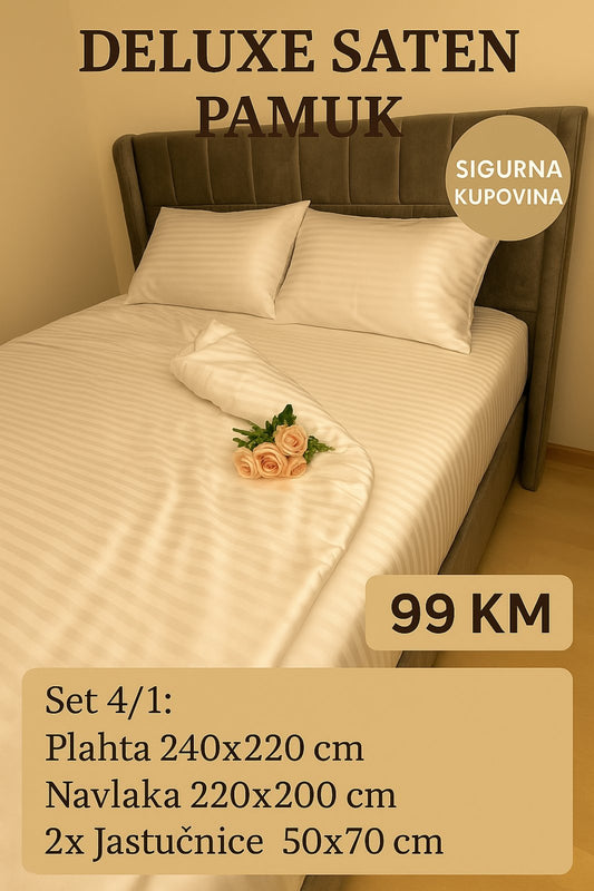 DELUXE 100% pamuk saten bračna posteljina Navlaka 200x220 Plahta 220x240 Jastucnica 50x70. 2 kom