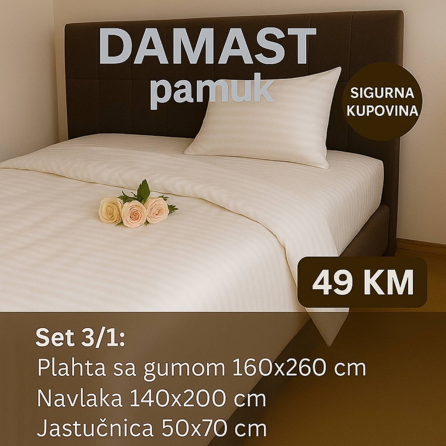 JEDNOKREVETNA DAMAST pamuk posteljine 3/1 uključuje: plahta sa gumom 160x260 cm, navlaka 140x200 cm, jastučnica 50x70 cm.