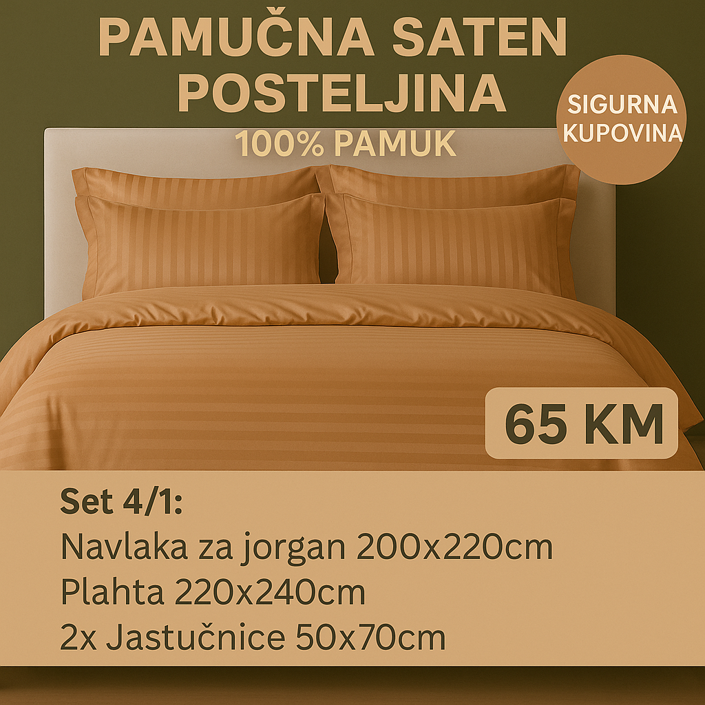PREMIUM pamučne saten bračna posteljina Slifer 200x220 Plahta 220x240 Jastucnica 50x70. 2 kom