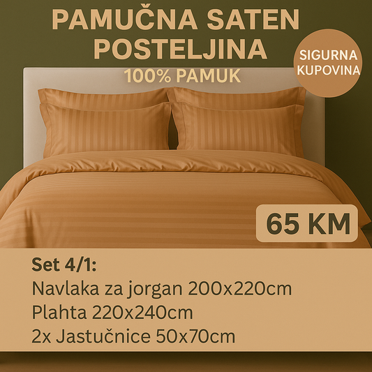 PREMIUM pamučne saten bračna posteljina Slifer 200x220 Plahta 220x240 Jastucnica 50x70. 2 kom