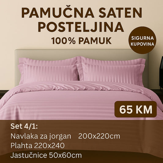PREMIUM pamučna saten bračna posteljina Slifer 200x220 Plahta 220x240 Jastucnica 50x70. 2 kom
