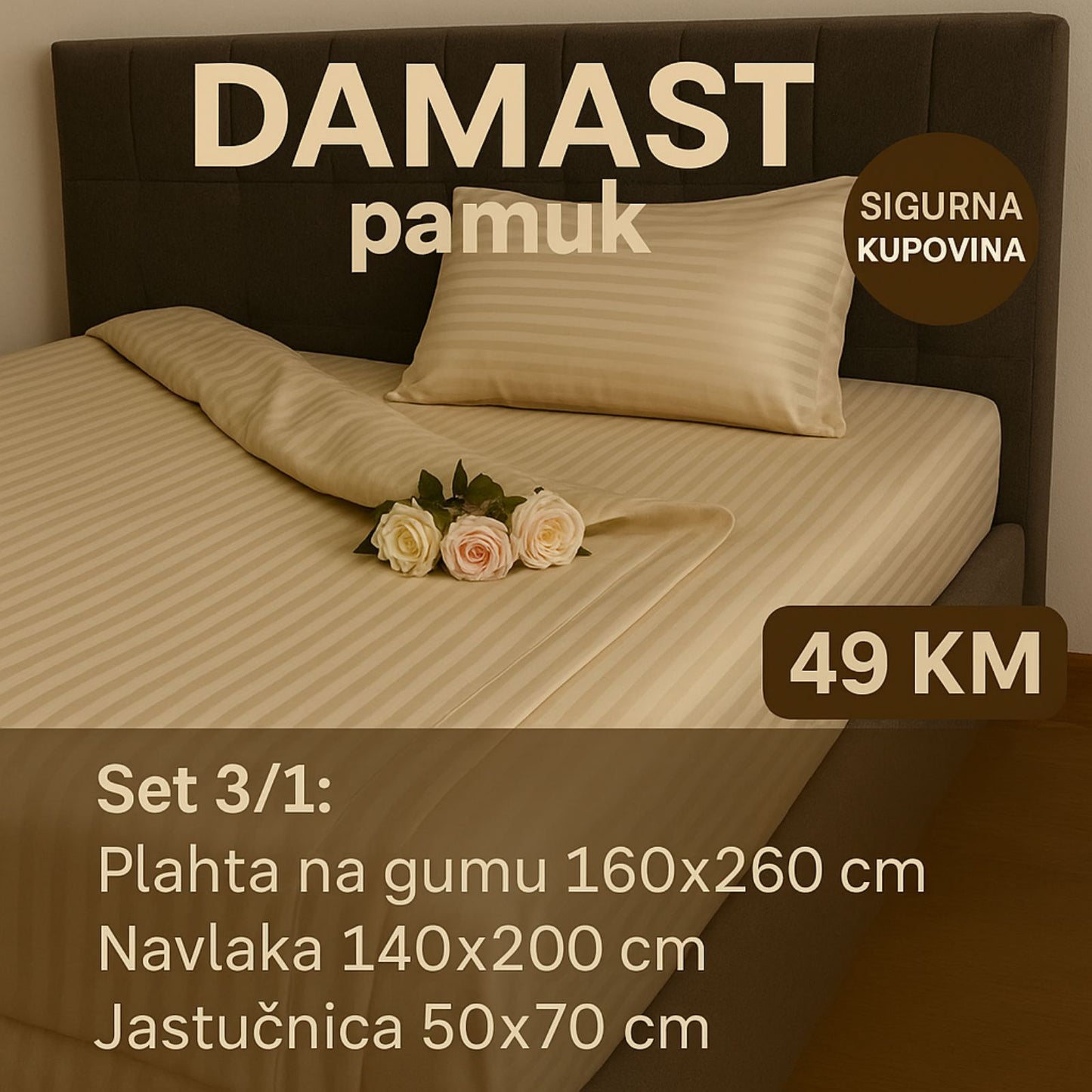 JEDNOKREVETNA DAMAST pamuk posteljine 3/1 uključuje: plahta sa gumom 160x260 cm, navlaka 140x200 cm, jastučnica 50x70 cm.
