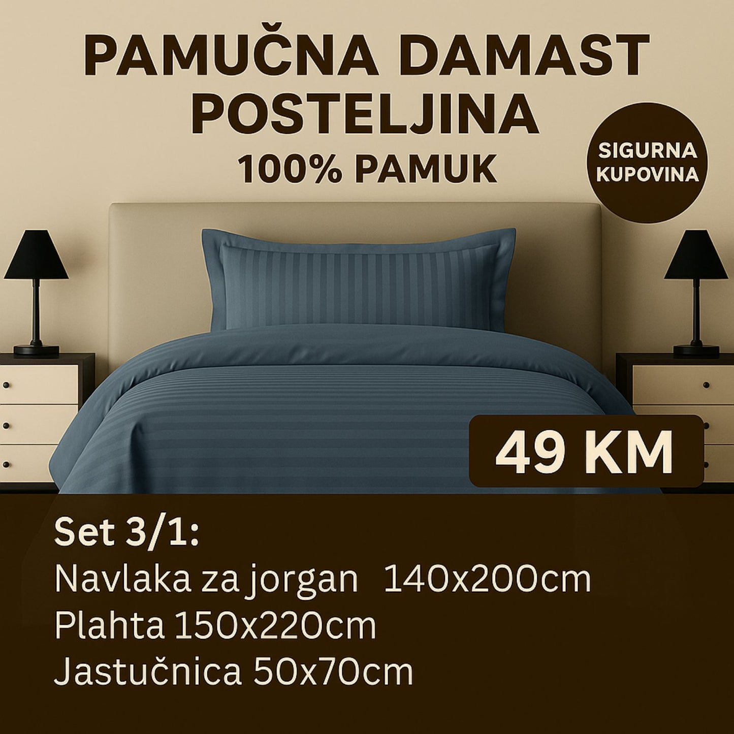 PREMIUM pamučna damast posteljina uključuje: Navlaka 140x220 Plahta 220x150 Jastucnica 50x70 cm.