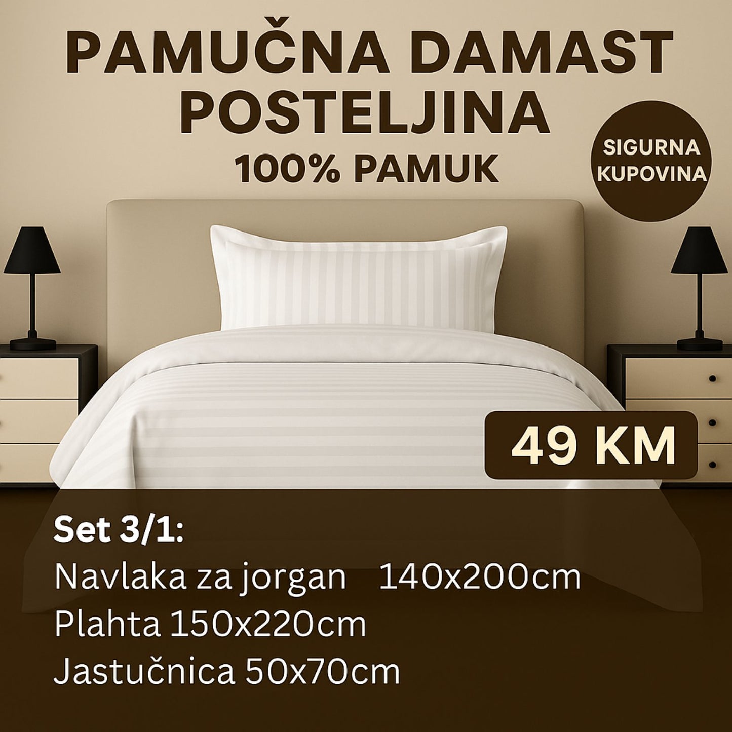 PREMIUM pamučna damast posteljina uključuje: Navlaka 140x220 Plahta 220x150 Jastucnica 50x70 cm.