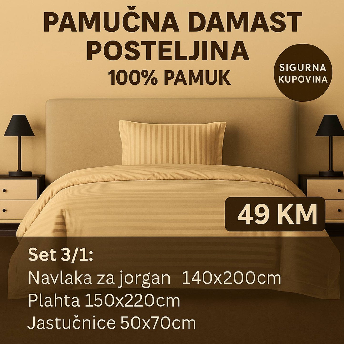 PREMIUM pamučna damast posteljina uključuje: Navlaka 140x220 Plahta 220x150 Jastucnica 50x70 cm.