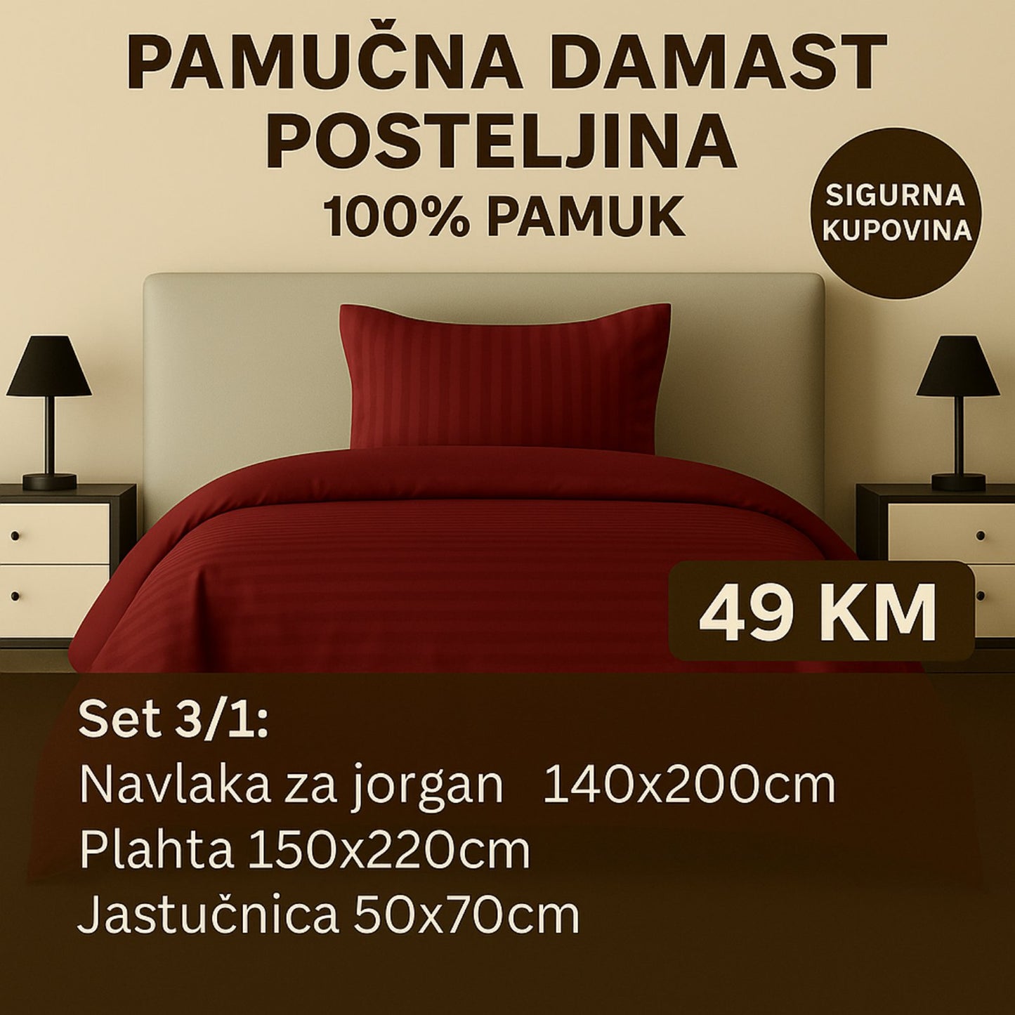 PREMIUM pamučna damast posteljina uključuje: Navlaka 140x220 Plahta 220x150 Jastucnica 50x70 cm.