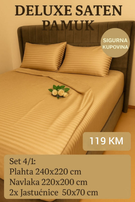 DELUXE pamuk saten bračna posteljina Navlaka 200x220 Plahta 220x240 Jastucnica 50x70. 2 kom