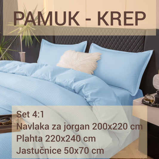 Pamučna posteljina set 4/1: plahta 220x240 cm, navlaka za jorgan 200x220 cm i dvije  jastučnice 50x70 cm.