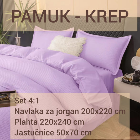 Pamučna posteljina set 4/1: plahta 220x240 cm, navlaka za jorgan 200x220 cm i dvije  jastučnice 50x70 cm.