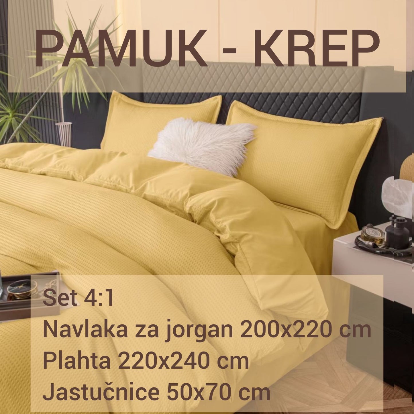 Pamučna posteljina set 4/1: plahta 220x240 cm, navlaka za jorgan 200x220 cm i dvije  jastučnice 50x70 cm.