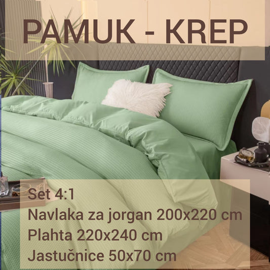 Pamučna posteljina set 4/1: plahta 220x240 cm, navlaka za jorgan 200x220 cm i dvije  jastučnice 50x70 cm.