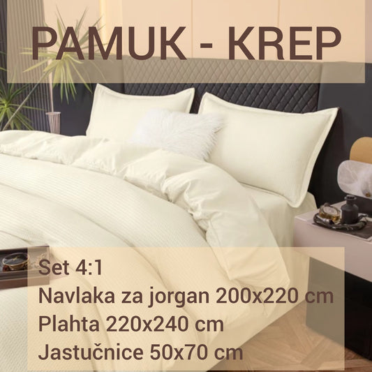 Pamučna posteljina set 4/1: plahta 220x240 cm, navlaka za jorgan 200x220 cm i dvije  jastučnice 50x70 cm.